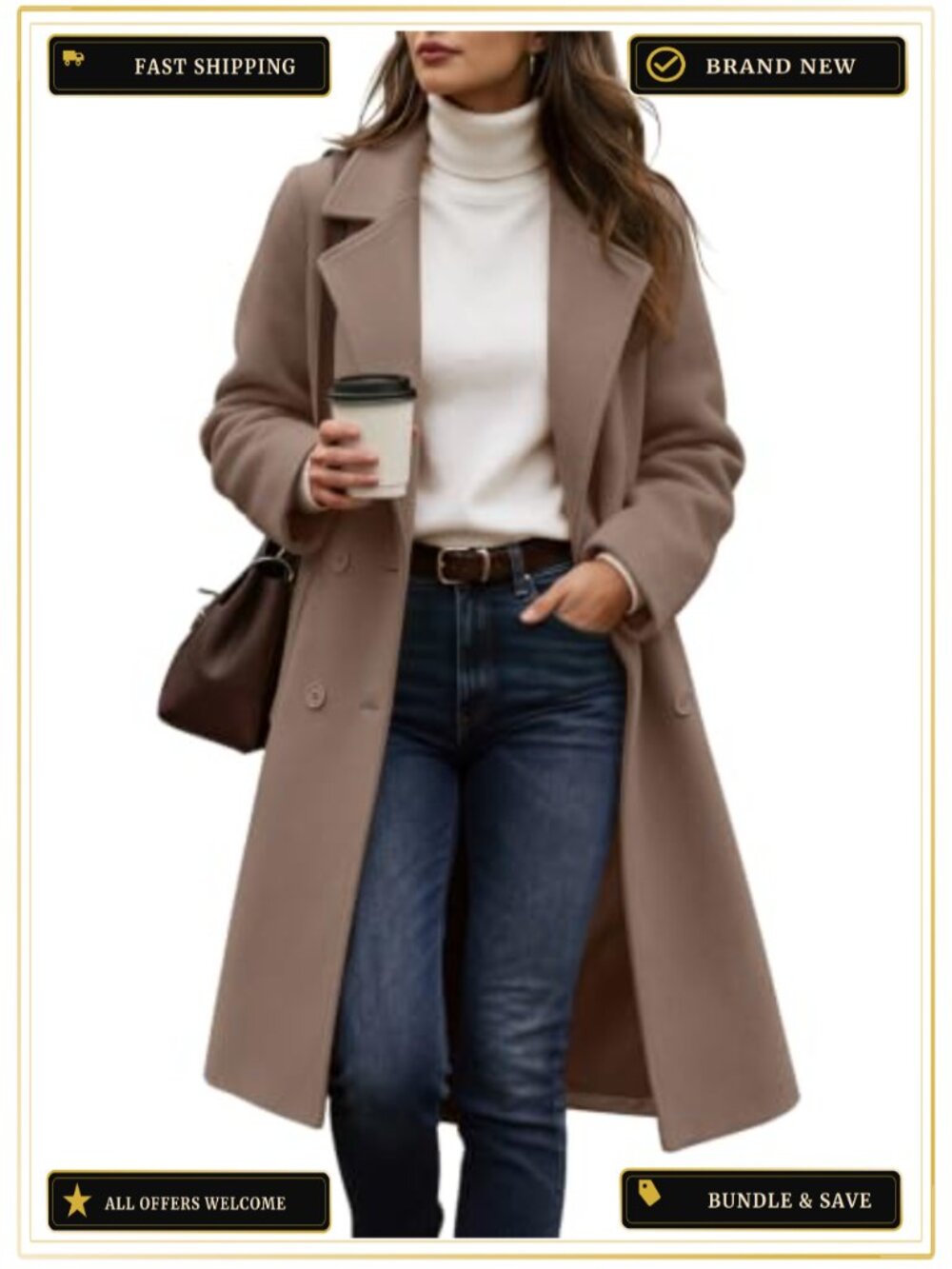 Womens Winter Peacoat Notch Lapel Double Breasted Mid-Long Coat